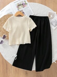 Elladie kids Bộ 2 món gồm áo thun vải dệt họa tiết hoa 3D và quần dài kiểu dáng thoải mái dành cho bé gái, thích hợp mặc ở nhà và ngoài trời. - màu đen - Xem 2