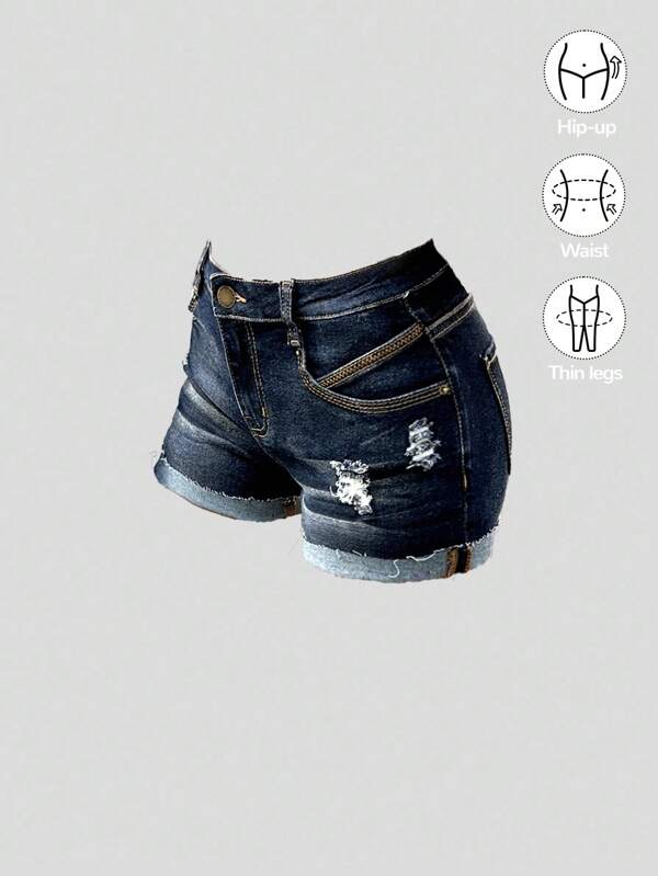 SHEIN Girlism Teenager Mädchen Y2K Frühling Sommer Pause feste ausgewaschene Denim Minirock mit tiefer Taille, zerrissenen und hochgekrempelten Säumen, Sommer Boho Strand Konzert Rave Festival Outfits, Sommer süße Shorts Boho Strand Konzert Rave Festival Outfits, Mädchen Abschluss Sommer Urlaub Outfits