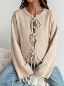 SHEIN Ladies Solid Color Knotted Long Sleeve Cardigan, Suitable For Commute, Minimalist, Office Wear, Simple Style, Women's Tie Front Belt Solid Color Knitwear Sweater Cardigan, Can Be Worn Over T-Shirt, Long Sleeve Tops, Maternity Lightweight Cardigan, Maternity Sweater Fall Clothes - Khaki - View 6