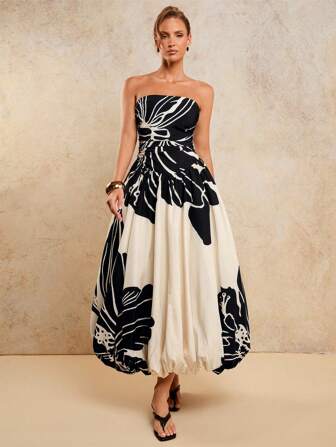 COSMINA 女士优雅褶饰印花连衣裙，适合宴会，春夏秋