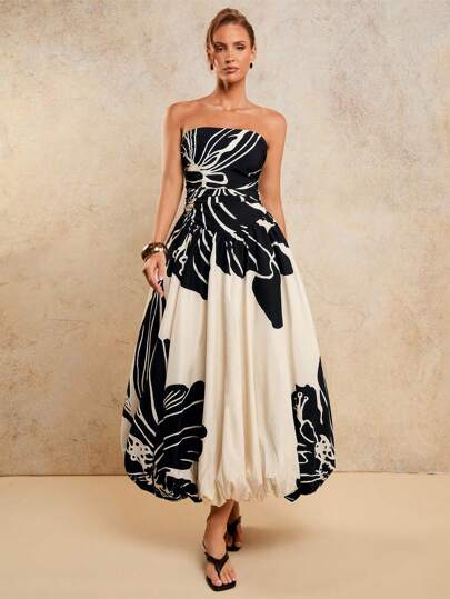 COSMINA 女士优雅褶饰印花连衣裙，适合宴会，春夏秋