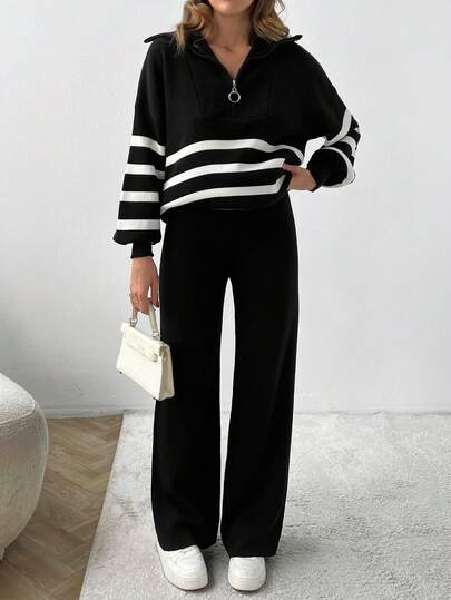 EURMUSE Sweater With Red Heart Embroidery Striped Pattern, Bishop Sleeves, & Knitted Pants 2 Piece Lounge Sets Women 2 Piece Casual Sets Women Striped Sweater Set Women Sweater Sets For Women Two Piece Set Women Comfy 2 Piece Lounge Sets Woman 2 Piece Casual Sets Woman Striped Sweater Sets For Women Quarter Zip Sweater Set,Winter Clothes