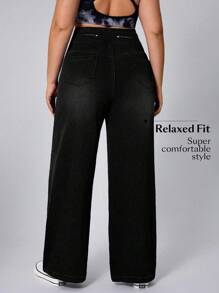 Flexra Plus Size Women Soft Washed Elastic Waist Loose Wide Leg Jeans - Black - View 2