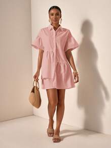 Zivah 女士春季服装/女士沙滩服装/海滩/波西米亚风/女士服装/女士节日服装/女士狂欢/复活节服装/女士复古风/乡村音乐会服装/外出服装/仙女风/节日服装/机场服装 荷叶边下摆连衣裙 粉色休闲衬衫连衣裙 府绸连衣裙 夏装/女士粉色夏季连衣裙