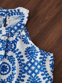 2pcs Girls' Holiday Basic Halter Shirt + Loose 3/4 Pants Floral Printed Woven Set - Blue - View 6