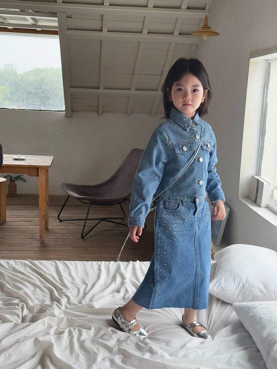 DENIMLY Kleine Mädchen BOHO GLAMOURÖSE DIAMANT BÜGEL DETAILS CROP Denim Jacke UND MITTEL Denim Rock JEANS Zwei Teile SET, UND SCHICK.