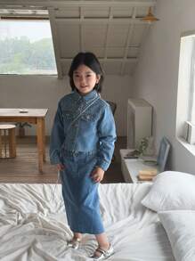 DENIMLY Kleine Mädchen BOHO GLAMOURÖSE DIAMANT BÜGEL DETAILS CROP Denim Jacke UND MITTEL Denim Rock JEANS Zwei Teile SET, UND SCHICK.