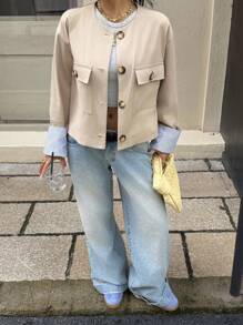 SHEIN EZwear 秋季女装 Old Money 秋季风衣 女士卡其色梭织短款风衣 短款夹克 女士夹克 女士西装外套 - 卡其色 - 查看 5