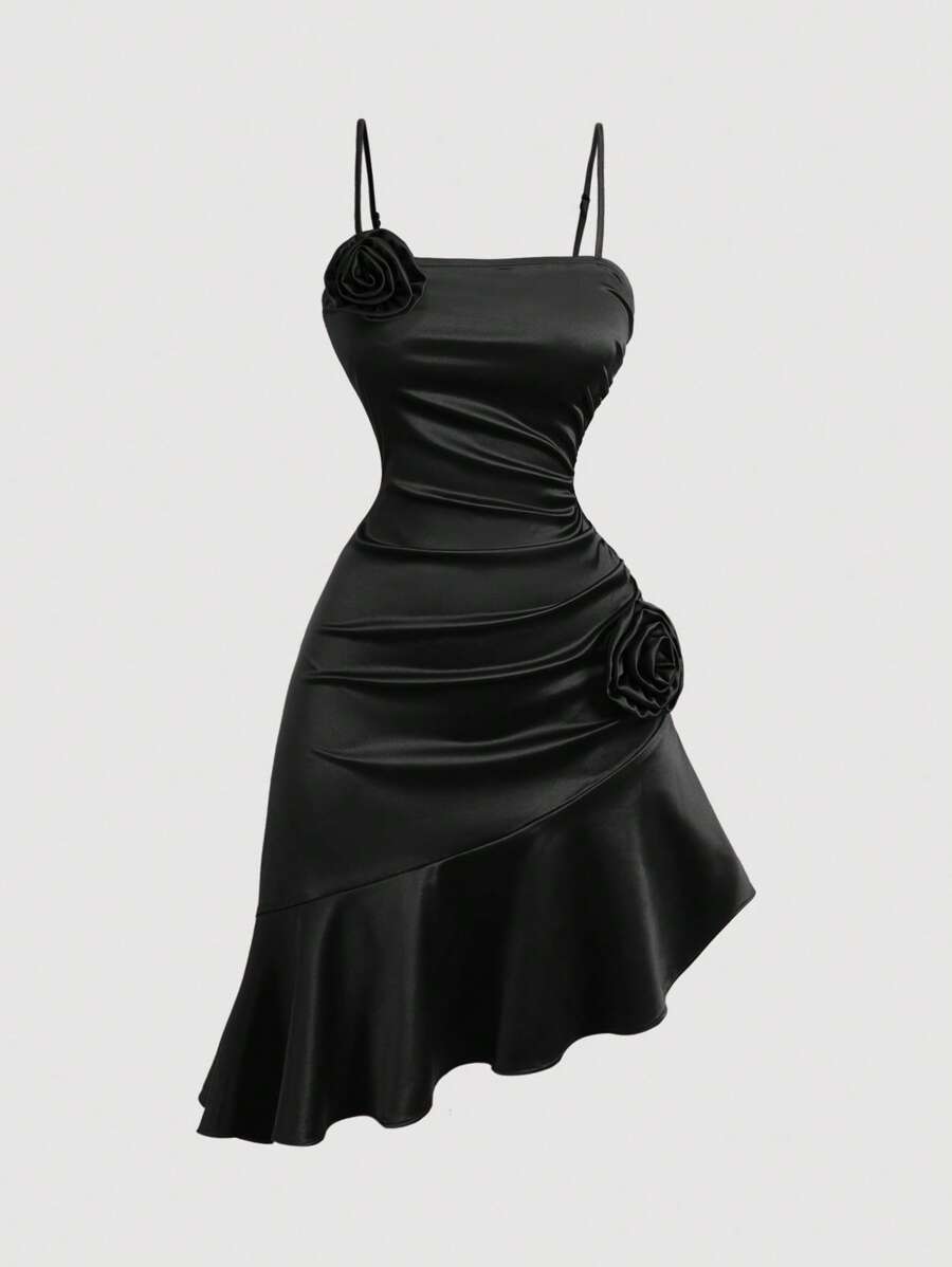 SHEIN MOD Women's Black Ruffled Christmas/Party/Festival Costume, Elegant Wedding Guest Dress