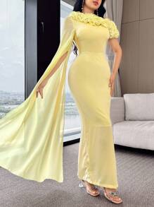 Feyla Women's Elegant Exaggerated Ruffle Asymmetrical Shoulder Split Dress - Yellow - View 5