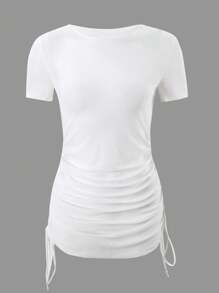SHEIN Swim Women Solid Color Round Neck Short Sleeve Side Drawstring Cover-Up Top For Summer Beach Vacation - White - View 1