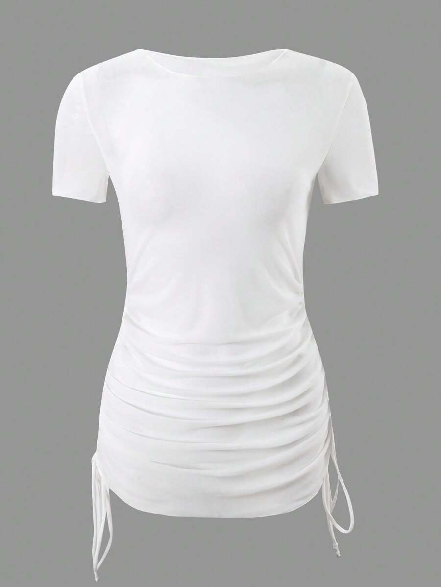 SHEIN Swim Women Solid Color Round Neck Short Sleeve Side Drawstring Cover-Up Top For Summer Beach Vacation - White - View 1