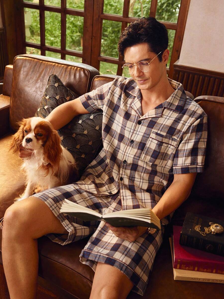 EverLounge 男士格子短袖上衣和短裤睡衣套装，圣诞节 - 彩色 - 查看 1