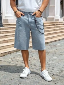 Manfinity Homme 男式宽松口袋休闲百搭牛仔百慕大短裤 - 淺色水洗藍 - 查看 6