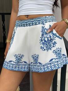 Sunnyshic Holiday Style Blue Printed Cute Shorts With Side Pockets - Blue and White - View 4