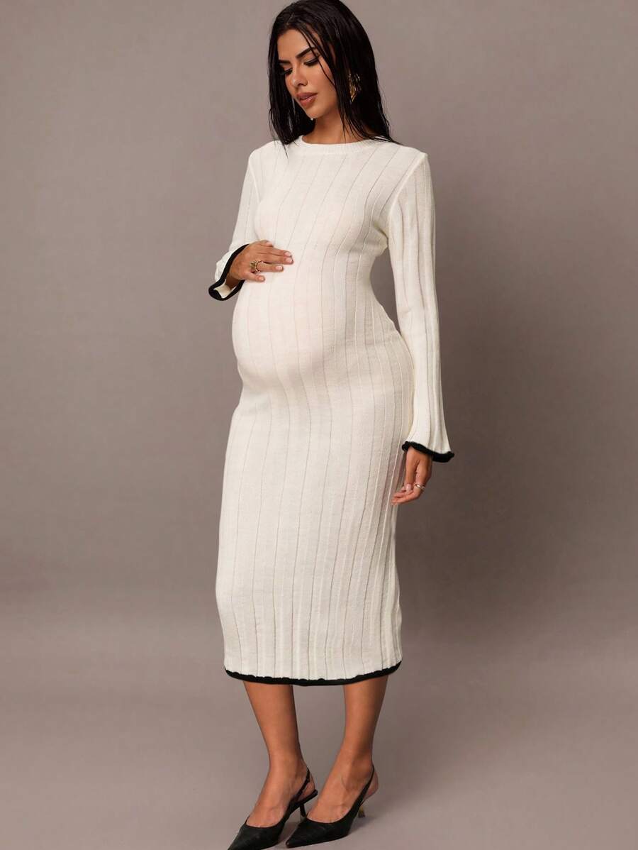 MaterniChic 女式长袖露背蝴蝶结针织连衣裙，秋冬款，孕妇毛衣裙 - 黑與白 - 查看 1