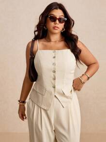 Elaquor Damen Große Größen Camisole Hemd in einfarbig, lässig, Knopfleiste, Sommer