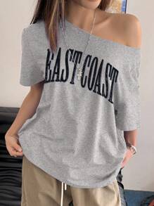 INAWLY Tee-shirt décontracté à manches courtes et épaules dénudées avec motif imprimé de lettres pour femmes