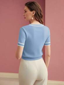 MOTF PREMIUM CONTRAST BINDING SHORT SLEEVE WIDE HEM KNIT TOP KNIT PULLOVER FALL WINTER - Baby Blue - View 3