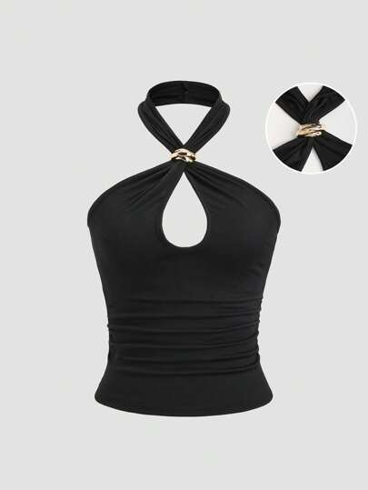 Sweetra Sexy Halter Neck Plain Metal Decor Fitted Bodycon Top For Women, Chic Club Style