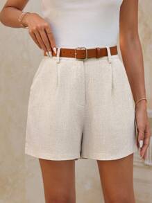 SHEIN Tall CURVE Plus Size Linen Plain Casual Elegant Shorts With Bamboo Nodes, Wearable In All Seasons - Apricot - View 4
