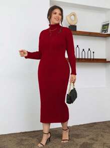 EURMUSE 100% Cotton Turtleneck Ribbed Knit Sweater Dress - Burgundy - View 5