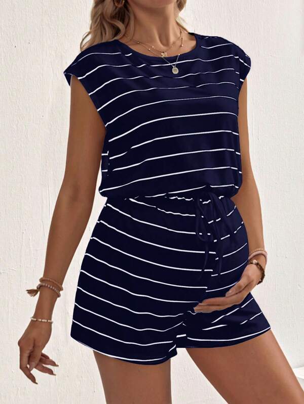 SHEIN Pregnant Women Summer Striped Print Split Back Drawstring Waist Romper