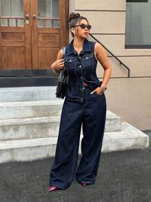 SHEIN ICON Chaqueta de mezclilla tipo chaleco con botones delanteros y bolsillo con solapa para tallas grandes de estilo informal y a la moda - Azul lavado oscuro - Ver 6