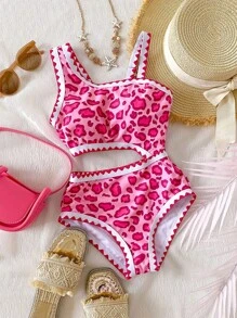 女童豹纹镂空荷叶边连体泳衣 - 彩色 - 查看 6