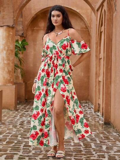 The White Lotus SHEIN VCAY Plus Size Romantic Floral Print Wrap Collar Summer Boho Dress, Beach Dress Sundress, Holiday Outfits