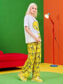 LOONEY TUNES X SHEIN Women's Y2K Yellow Cute Tweety Cartoon Graphic Print Loose Short Sleeve Top And Long Pants Summer Fall Pajama Set Back To School Homecoming - Yellow - View 6