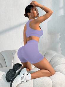 Velisys 2 piezas Conjunto casual de mujer de unicolor con top sin mangas y shorts, conjunto de gimnasio, ropa de entrenamiento para mujer, top de entrenamiento para mujer, ropa deportiva para mujer, conjuntos deportivos para mujer, conjunto de entrenamiento sin costuras, conjunto de entrenamiento acanalado, shorts de entrenamiento de cintura alta, conjuntos de entrenamiento de cintura alta, conjunto de entrenamiento de 2 piezas, conjuntos de entrenamiento de 2 piezas para mujer - Multicolor - Ver 2