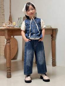 Dazy Kids 2pcs Young Girls Summer Casual Denim Vest And Wide Leg Pants Set - Medium Wash - View 3