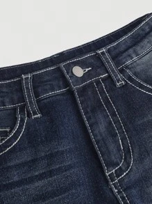 SHEIN Girlism Teen Girls Y2K Solid Washed Low Rised Skinny Denim Jeans Mini Shorts With Letter Wing Embroidered Pocketed,Summer Boho Beach Concert Rave Festival Outfits,Summer Cute Shorts Boho Beach Concert Rave Festival Streetwear Outfits,Girls Graduation Summer Vacation Outfits - Dark Wash - View 5