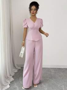 Elenzga 2pcs/Set Women V-Neck Waist Design Faux Pearl Decor Short Sleeve Top And Straight Leg Pants Set, Elegant - Pink - View 3