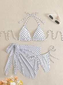 Swim Vcay 3件套女士性感夏季露背系带波尔卡圆点随机印花比基尼套装 - 黑與白 - 查看 1