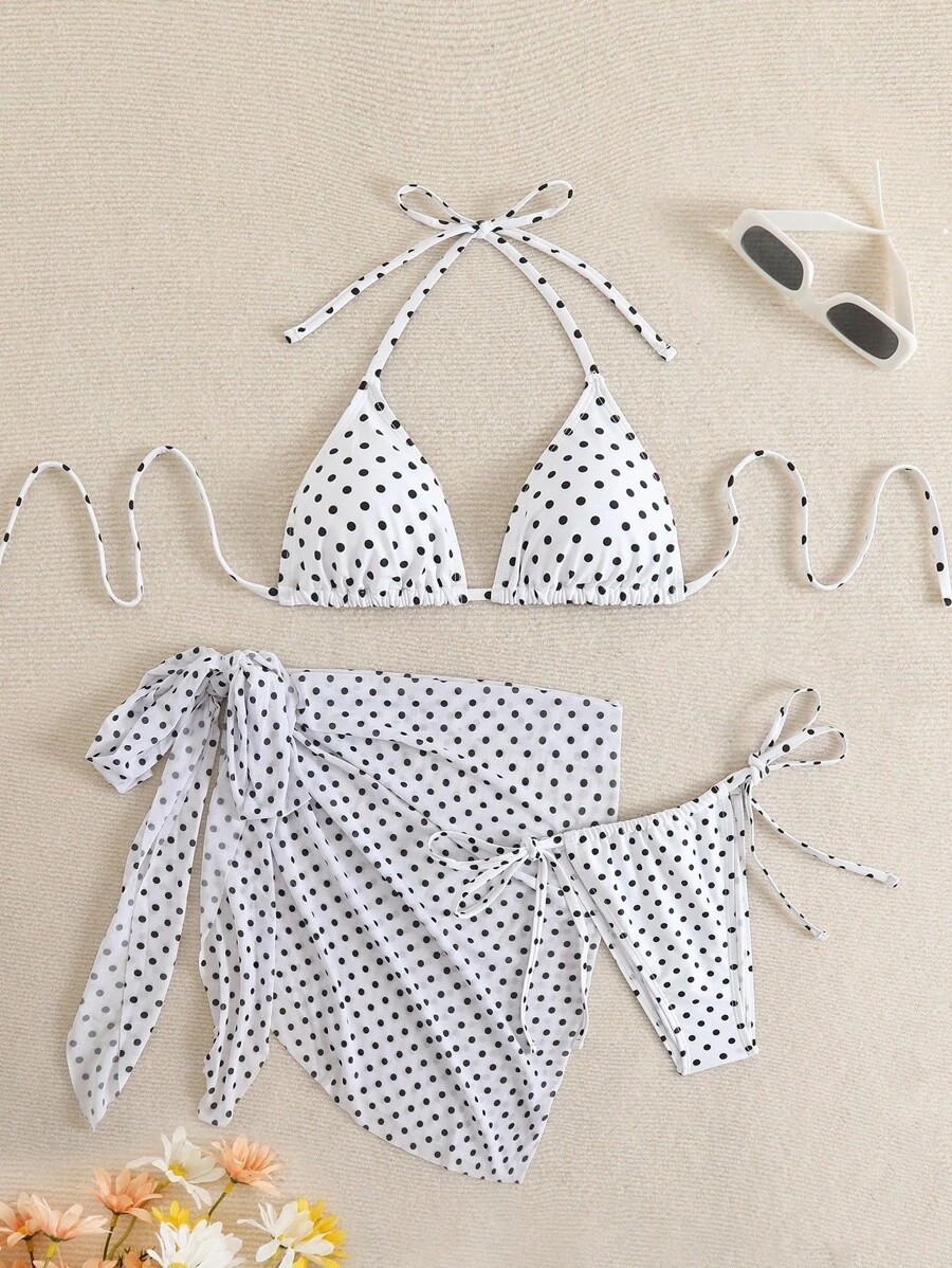 Swim Vcay 3件套女士性感夏季露背系带波尔卡圆点随机印花比基尼套装 - 黑與白 - 查看 1