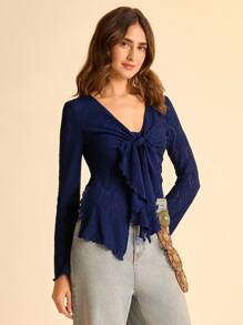 CAJUNI V-Neck Tie Waist Flare Sleeve Textured Fabric Long Sleeve Casual Top Casual Blouse For Women Fall Clothes For Women  Fall Outfits For Women