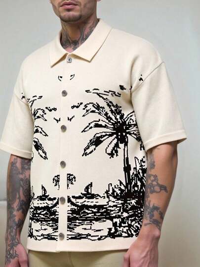 Manfinity RSRT 男士休闲图案印花纽扣圆领短袖针织毛衣男士图案衬衫男士衬衫街头潮流