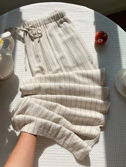 SHEIN EZwear Quần vải lanh thường ngày cỡ lớn, phong cách nghỉ dưỡng, xuân/hè