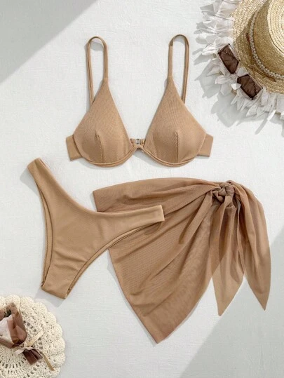 SHEIN Swim 3pcs/Set Women Summer Beach Vacation Style Solid Color Wire Bra Swimsuit & Wrap Tie Beachwear & Sarong Wrap-Around Skirt