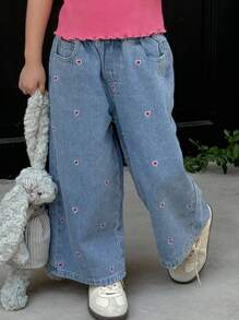 Dazy Kids 女童休闲水洗阔腿韩版宽松牛仔裤 - 淺色水洗藍 - 查看 3