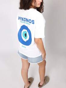 SUMWON Mykonos Paradise Beach Greece Evil Eye T Shirt Summer Vacation Travel Souvenir Casual Oversized Cotton Graphic Print Beachwear Resort Tee - White - View 1