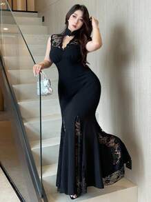 Vibekara Đầm Maxi Đen Ôm Sát Cổ Chữ V Cổ Chữ V Cài Nút Ren Viền Hoa Co Giãn Cao Thanh Lịch Vạt Áo Nàng Tiên Cá Cho Kỳ Nghỉ, Tiệc Tùng, Sự Kiện, Hẹn Hò - màu đen - Xem 4