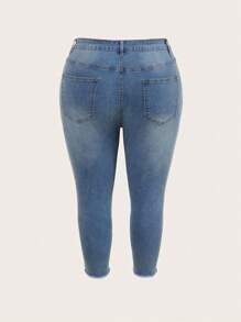 SHEIN CURVE+ Frauen Große Größen Cowgirl Stil Herbst elastische hellblaue abgenutzte ausgefranste Saum Skinny Jeans