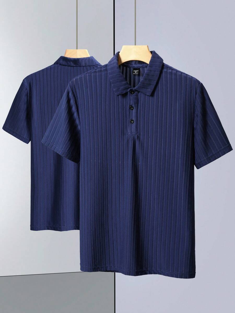 Manfinity Homme 1 件男士夏季休闲纯色罗纹针织短袖 Polo 衫 - 藏蓝色 - 查看 1