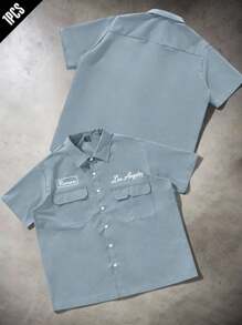 PAVTROS Manfinity Streetrush 男士宽松实用口袋设计休闲衬衫、蓝色纽扣短袖衬衫、多口袋休闲衬衫、街头评论员衬衫 - 淺藍色 - 查看 6