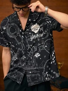 HARRY POTTER X SHEIN Men's Letter Graphic Front Button Short Sleeve Shirt, Summer - Black - View 5