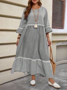 EMERY ROSE 大码冬季女士度假装女装条纹圆领喇叭袖荷叶边下摆宽松长款休闲连衣裙 - 黑與白 - 查看 5