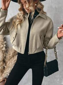 Chiquease Linho Cor Lapela Zíper Lã Cardigan Curto Casaco Casual